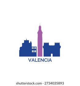 Valencia cityscape, skyline, panoramic vector logo, icon, clipart. Spain city emblem contour with landmarks and buildings silhouettes