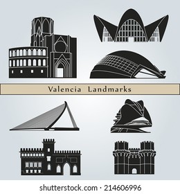 Valencia landmarks and monuments isolated on blue background in editable vector file