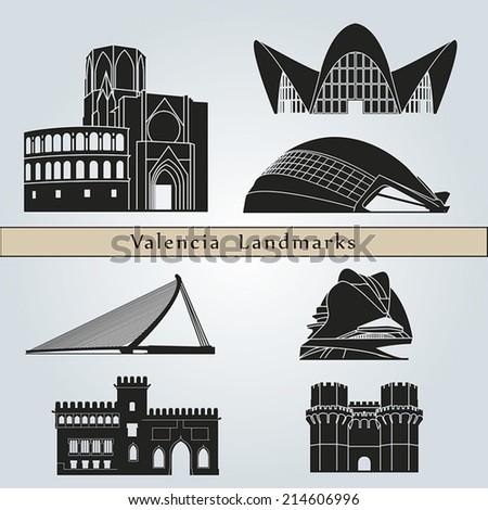 Valencia landmarks and monuments isolated on blue background in editable vector file
