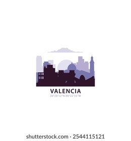 Valencia logo with skyline, cityscape retro vector icon. Spain city horizon, facade, travel logotype