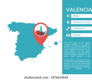 Valencia map shape vector infographics template. Modern city data statistic isolated illustration