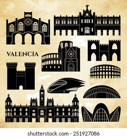 Valencia monuments detailed silhouette. Vector illustration