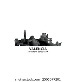 Valencia panorama, vector badge, skyline logo and icon. Spain city horizon logotype with landmarks and building silhouettes. Isolated foggy abstract gradient graphic