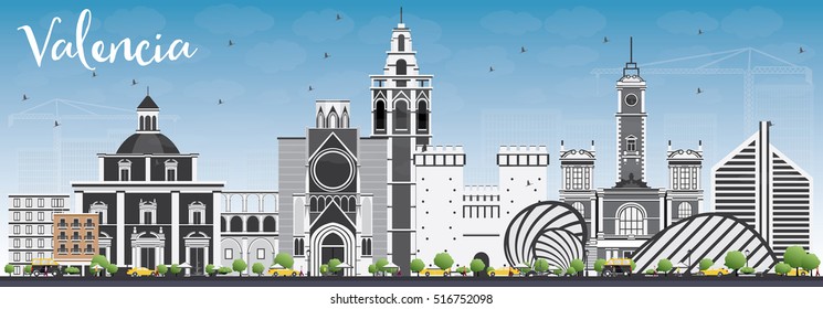 Valencia Skyline with Gray Buildings and Blue Sky. Vector Illustration. Business Travel and Tourism Concept with Historic Architecture. Image for Presentation Banner Placard and Web Site.