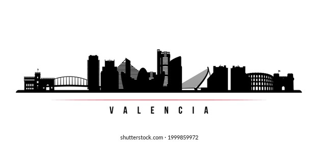 Valencia skyline horizontal banner. Black and white silhouette of Valencia, Spain. Vector template for your design. 