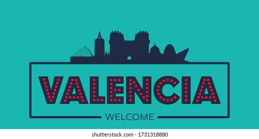 Valencia skyline silhouette flat design typographic vector illustration.