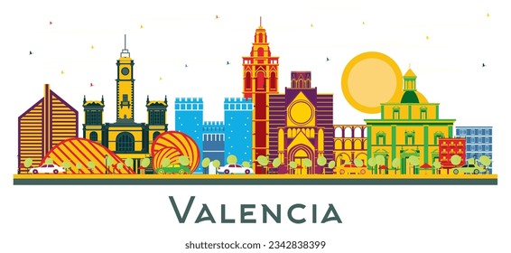 Valencia Spain City Skyline with Color Buildings isolated on white. Vector Illustration. Business Travel and Tourism Concept with Historic Architecture. Valencia Cityscape with Landmarks.