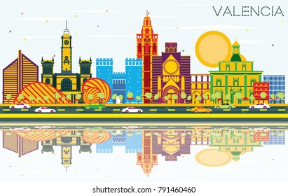 Valencia Spain City Skyline with Color Buildings, Blue Sky and Reflections. Vector Illustration. Business Travel and Tourism Concept with Historic Architecture. Valencia Cityscape with Landmarks.