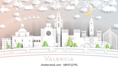 Valencia Spain City Skyline in Paper Cut Style with Snowflakes, Moon and Neon Garland. Vector Illustration. Christmas and New Year Concept. Santa Claus on Sleigh.