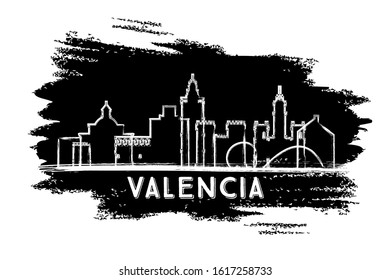 Valencia Spain City Skyline Silhouette. Hand Drawn Sketch. Vector Illustration. Business Travel and Tourism Concept with Historic Architecture. Valencia Cityscape with Landmarks.