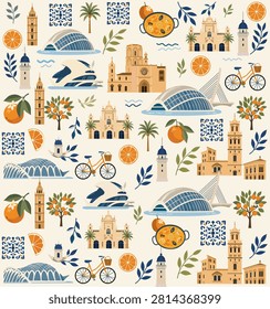 Valencia Spain Flat Seamless Pattern Vector Illustration
