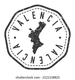 Marca Retro de sello de mapa de Valencia, España. Pasaporte postal de Silhouette. Icono del vector de redondeo de sellado. Diseño de rehenes de insignia vintage.