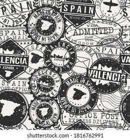 Valencia, Spanien Briefmarken. Reisepassmarken Muster. In Produkt hergestellt. Design-Siegel in alten Insignien Nahtlos. Icon Clip Art Vector Collection.