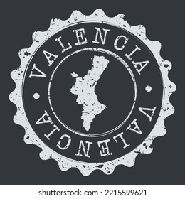 Valencia, Spanien, Silhouette Postpass. Stamp Round Vector Icon Karte. Design Travel Postmark. 