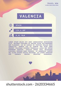 Valencia, Spain vector infographics, brochure layout. Guide, leaflet, flyer, advertising graphic template with text, information, city skyline shape. Page, festival, cover mock up image