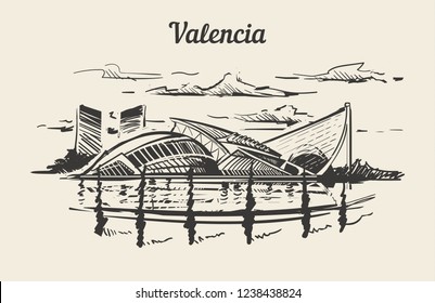 Valencia Spain,City of the Arts and Sciences hand drawn sketch vector illustration.