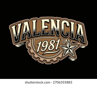 Eslogan de la tipografía de Valencia. Varsity atlético vintage para camiseta.  Gráficos de camiseta de la ciudad de Valencia, estampado urbano. Ilustración vectorial.