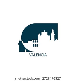 Valencia vector icon with skyline, panoramic view, outlook shape. Spain city landmarks logo concept. Flat isolated graphic, badge