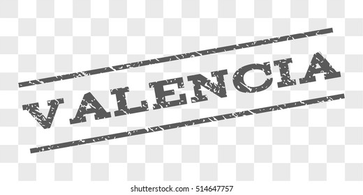 Valencia watermark stamp. Text caption between parallel lines with grunge design style. Rubber seal stamp with dirty texture. Vector grey color ink imprint on a chess transparent background.