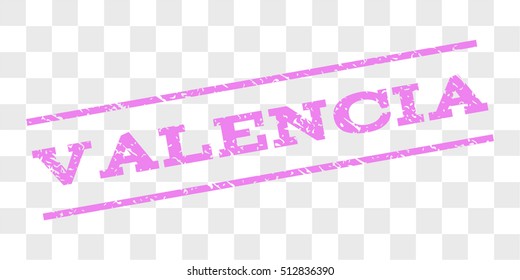 Valencia watermark stamp. Text tag between parallel lines with grunge design style. Rubber seal stamp with unclean texture. Vector violet color ink imprint on a chess transparent background.
