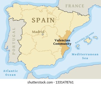 Valencian Community (Comunidad Valenciana) autonomous community location map within Spain. Vector illustration.