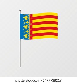Valencian Community flag on flagpole. Vector illustration.