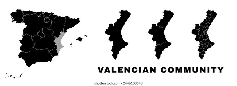 Valencian Community map, autonomous community in Spain. Spanish administrative division, regions, boroughs and municipalities.