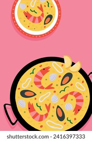 Valencian Paella typical Spanish food. Paella with prawns, rice, mussels, beans... Vector illustration with pink background. Traditional dish. 