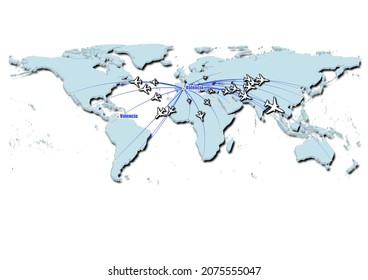 Valencia-Spain in concept vector illustration, map showing flights from Valencia-Spain to major cities around the world.