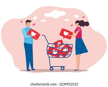 Valenine day,young man and woman holding hearts,Like, rate on social networks, chat in the messenger . Concept of love Flat vector illustration