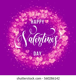 Valenines hearts pattern wreath and greeting text lettering for premium purple card