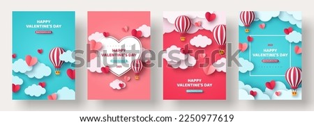Valentin day concept posters set. Vector illustration. Paper hearts, clouds, flying hot air balloon, blue romantic background. Cute love sale banner, voucher template, greeting card. Place for text.