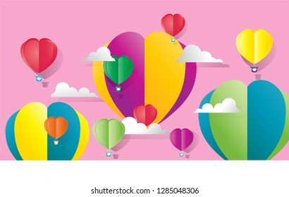 
valentin day with paper cut ornaments, balloon shapes and clouds