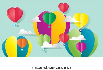 
valentin day with paper cut ornaments, balloon shapes and clouds