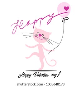 Valentin day vector card isolated, pink cat with ballon