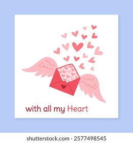 Valentin heart love greeting cartoon. Flat style envelope with heart and message for postcard. Ideal for social media post or valentin greeting card on romantic occasions, expressing heartfelt