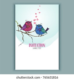 Valentin invitation card. Cute birds in love, blossom branch, hand drown, vector