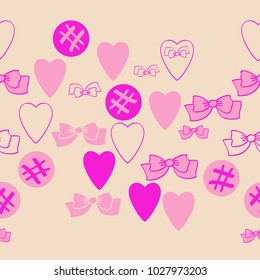 Valentin seamless  pattern,hearts,ellipses scribbles, bows. Hand drawn.