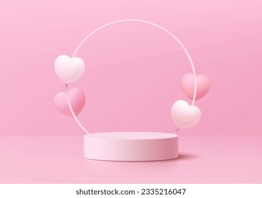 Valentine 3D background with pink cylinder pedestal podium and floating balloon hearts shape wall scene. Abstract composition in minimal design. Platforms cosmetic product presentation. Stage showcase