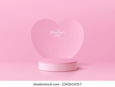 Valentine 3D background with pink cylinder pedestal podium and pastel hearts shape backdrop wall scene. Abstract composition in minimal design. Platforms cosmetic product presentation. Stage showcase.