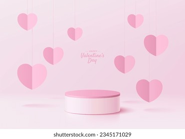 Valentine 3D background with pink cylinder pedestal podium and papercut hearts shape wall scene. Abstract composition in minimal design. Platforms mockup product display presentation. Stage showcase