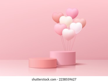 Valentine 3D background with realistic pink cylinder pedestal podium, Floating balloon hearts shape. Pastel minimal wall scene mockup product display. Abstract geometric forms. Round stage showcase.