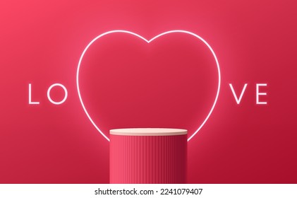 Valentine 3D background with realistic pink, red cylinder stand podium, Neon heart shape and love text scene. Minimal wall scene mockup product display. Abstract geometric forms. Round stage showcase.