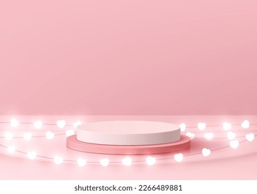 Valentine 3D background with realistic pink pedestal podium, Glow heart shape neon lightbulb. Minimal pastel wall scene mockup product display. Abstract geometric platforms. Stage showcase. Vector 3D.