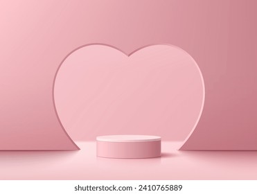 Fondo de San Valentín 3D con pedestal de podio rosado realista, escena de fondo de la puerta de forma corazón. Pantalla de maquillaje minimalista de paredes pastel. Resumen de las plataformas geométricas. Muestra de escenario. Vector 3D.