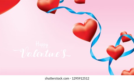 Valentine 3D Colorful Red Romantic Hearts shape flying and Floating blue silk ribbon on pink background. symbols of love for Happy Women's, Mother's, Valentine's Day, birthday greeting card design