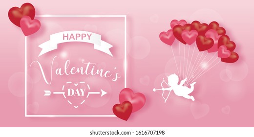 Valentine with 3D Hearts and cute cupid in pink background. vector illustration