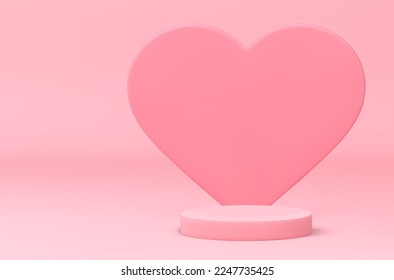 Valentine 3d pedestal pink heart stage wedding romantic product presentation construction realistic vector illustration. Podium romance relationship date premium basic foundation award arena