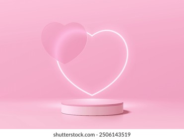 Valentine 3D pink podium background with glow neon heart shape backdrop. Abstract composition minimalist design. Studio display showroom cosmetic product pedestal, Fashion stage showcase mockup scene.