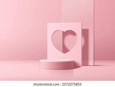 Valentine 3D pink podium background with heart shape backdrop. Abstract geometric composition in minimalist design. Studio display showroom stands product pedestal, Fashion stage showcase mockup scene